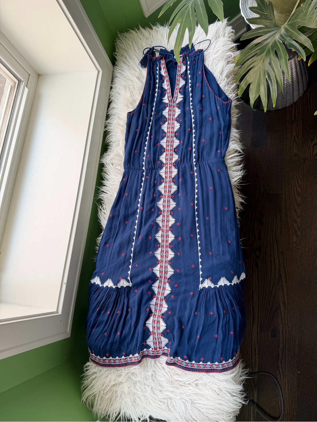 Parker Navy Blue Embroidered Midi Dress With Red And White Accents
